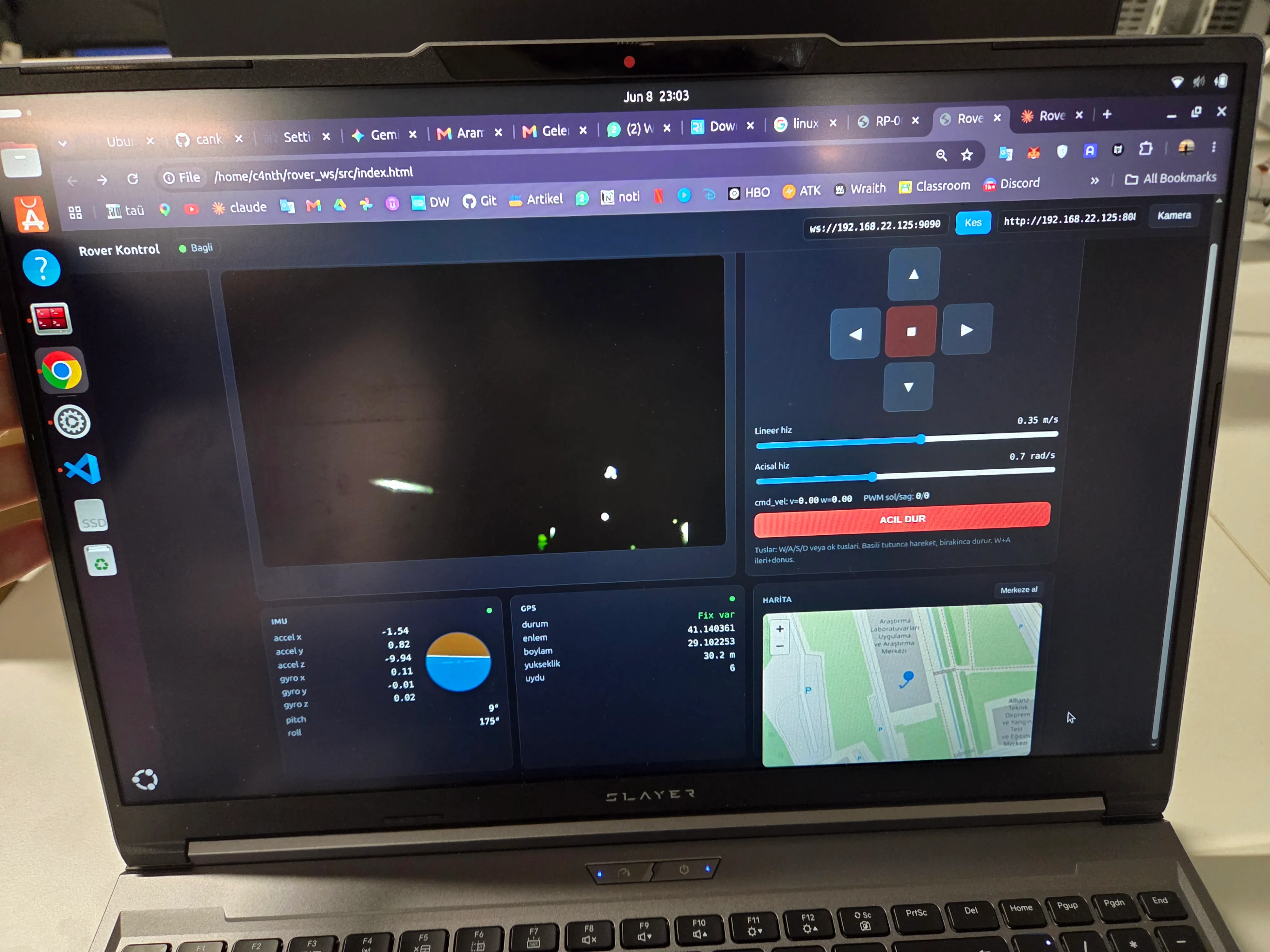 Dashboard connected over micro-ROS, showing the live camera feed pointed at the rover internals