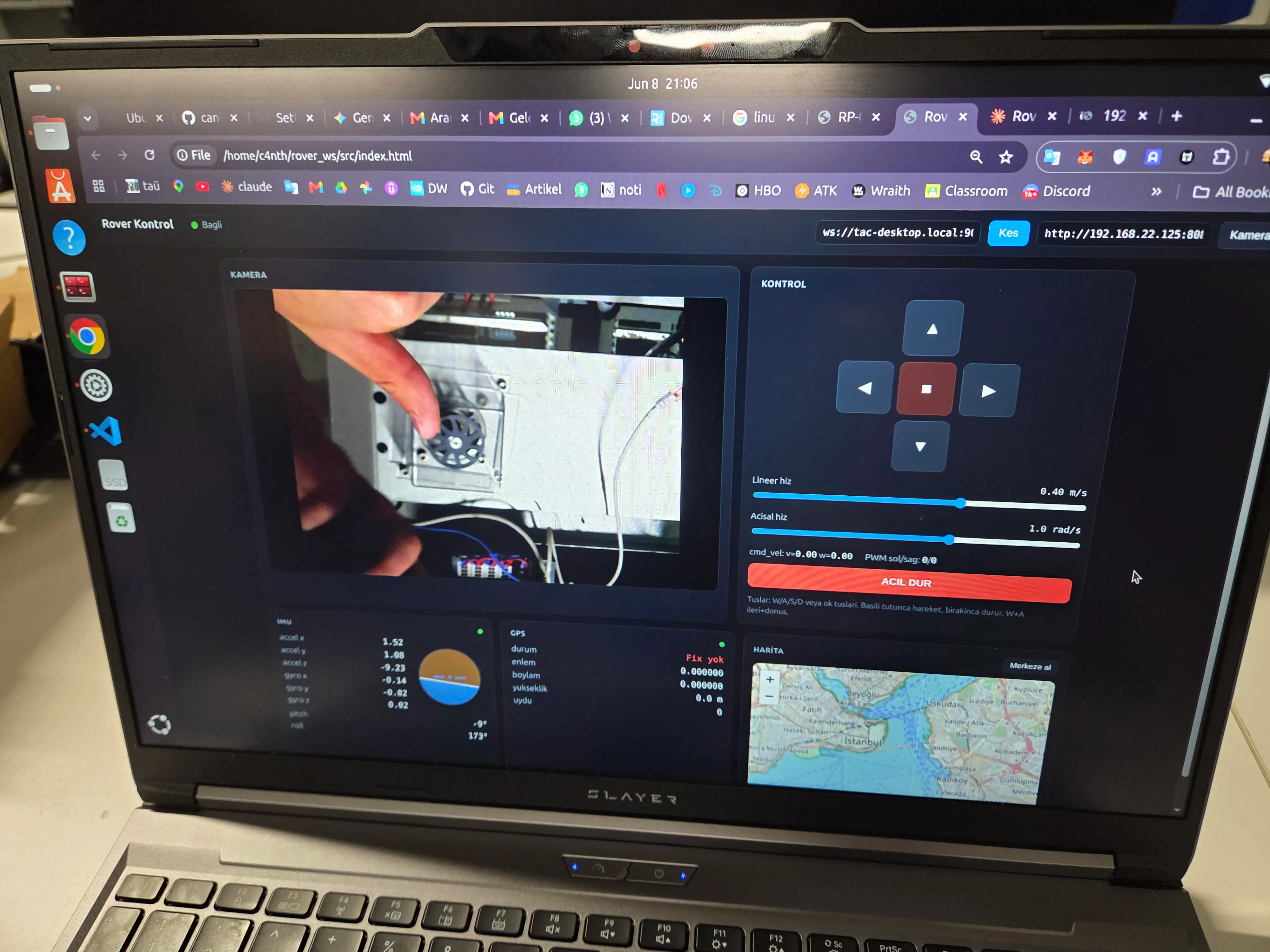 Browser dashboard showing a live GPS fix, IMU tilt indicator, satellite count and a Leaflet map marker